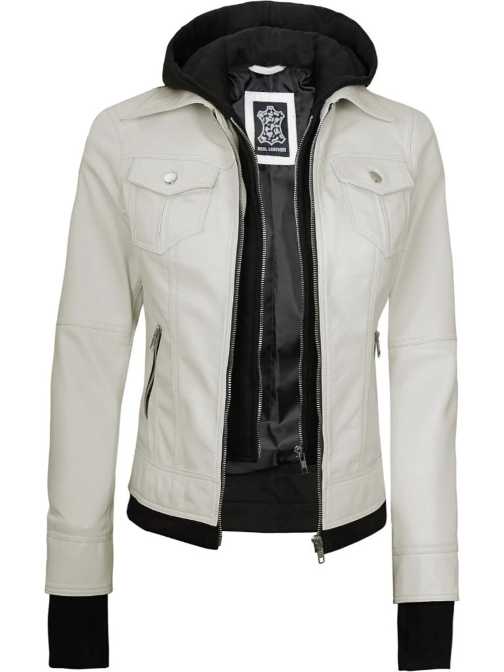Women’s Off White Real Leather Bomber Jacket Detachable Hood